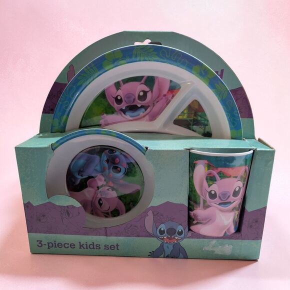 Disney Other - Disney Stitch 3 Piece Kids Dinner Set Plate Bowl Cup Pink Stitch Lilo And Stitch